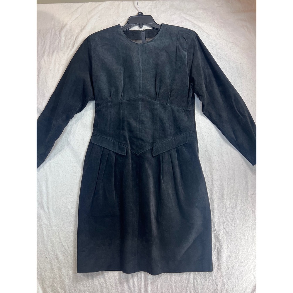 Marie Ellyse Vintage Black Suede Leather Dress Long Sleeve Corset Waist 10